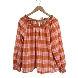 J Crew Orange Pink Plaid Long Sleeve Ruffle Tie Neck Blouse XL